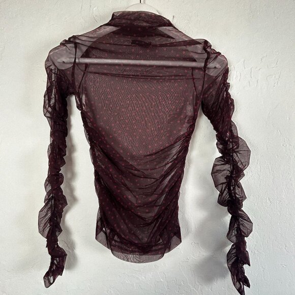 Maeve Anthropologie Womens Chiffon Polka Dot Long Sleeve Sheer Ruched Top Maroon - Picture 2 of 6